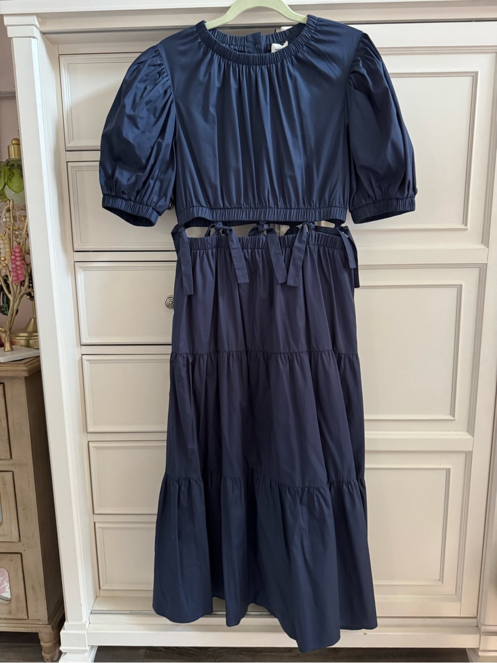 Aureum Navy Puff Sleeve Tiered Midi Dress with Cutout Tied Waist